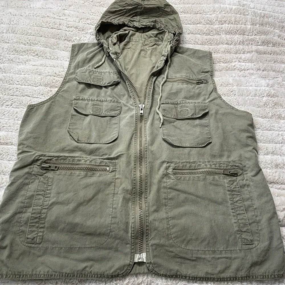 Vintage‎ Safari Vest Olive Green Mens XL Khaki Photographer Stowaway Hood Pack
